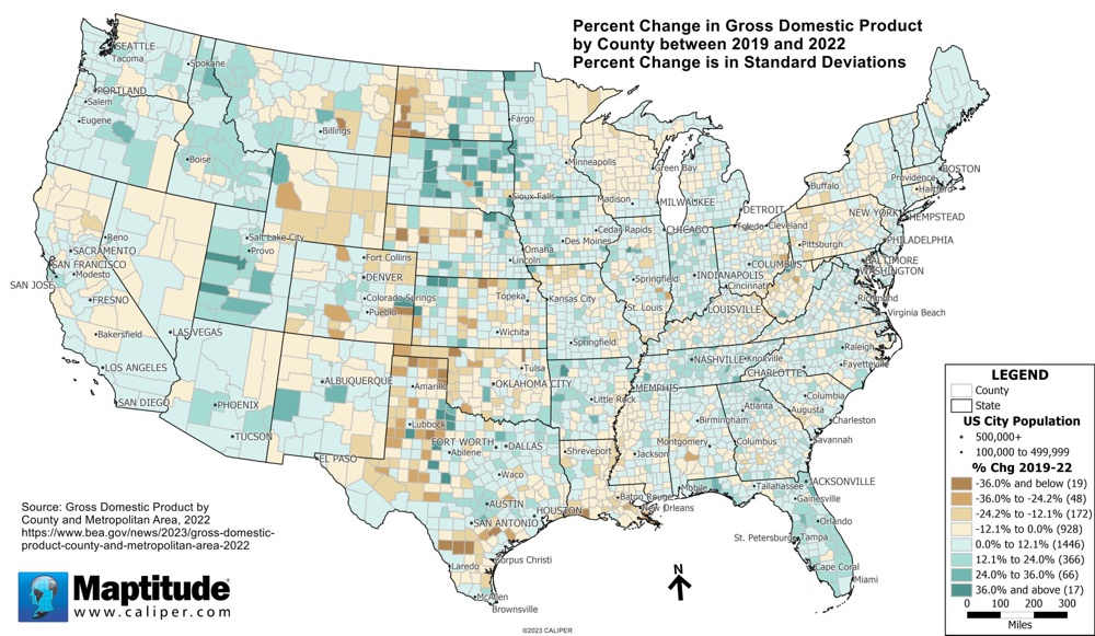 Percent change in GDP by county between 2019 and 2022