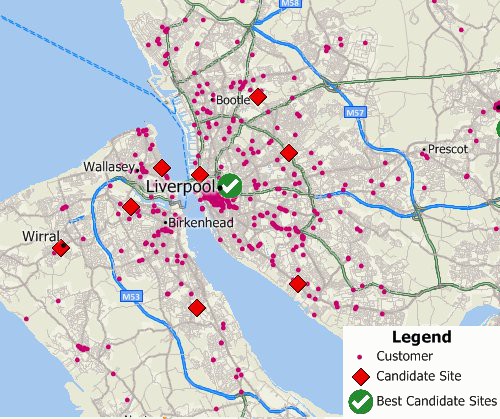 Map of customer locations and drive-time rings to proposed sites created with Maptitude real estate mapping software