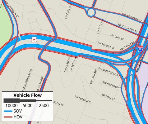 TransCAD network with single-occupancy and high-occupancy vehicle flows