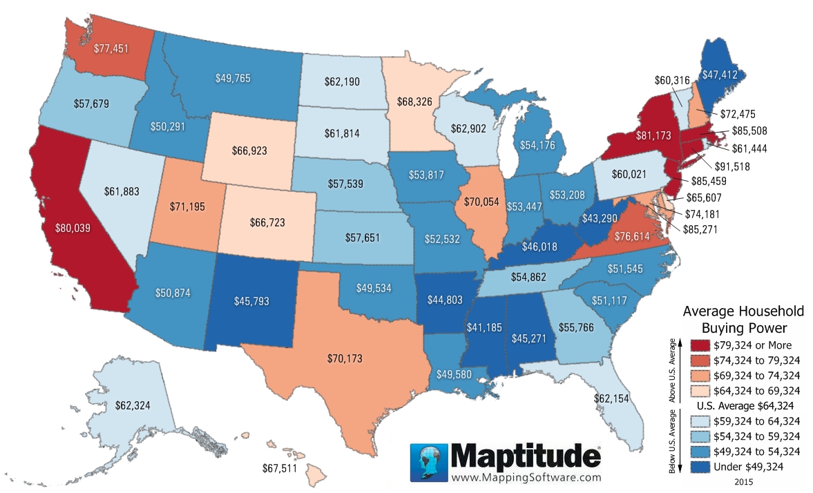 Download Maptitude Map: Buying Power Per Household by State