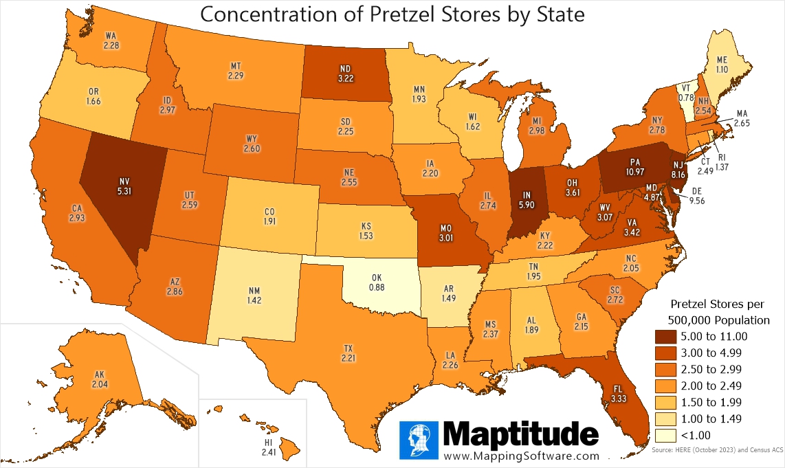 Maptitude Map: U.S. Pretzel Stores Map