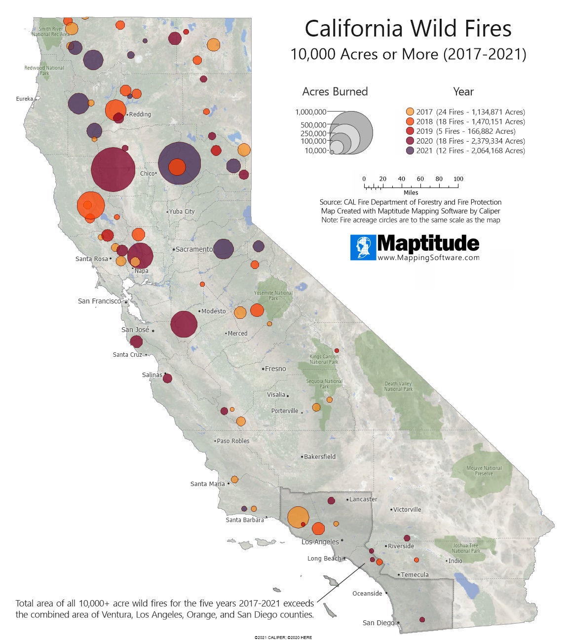 Maptitude Map: California Wild Fires 2017-2021