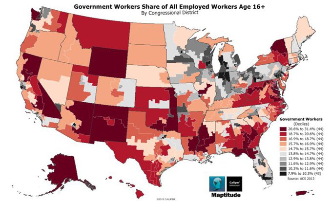 Map of share of government workers by congressional district