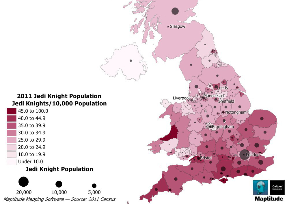 Maptitude mapping software map population reporting its religion as Jedi Knight in the 2011 Census