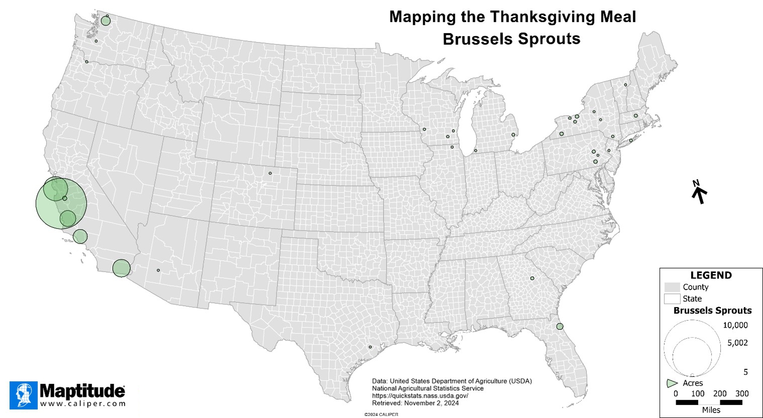 Maptitude mapping software map of where brussels sprouts are grown in the United States