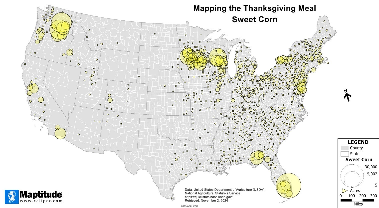 Maptitude mapping software map of where corn is grown in the United States