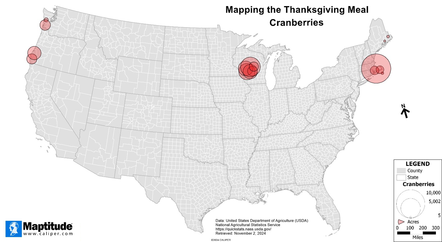 Maptitude mapping software map of where cranberries are grown in the United States