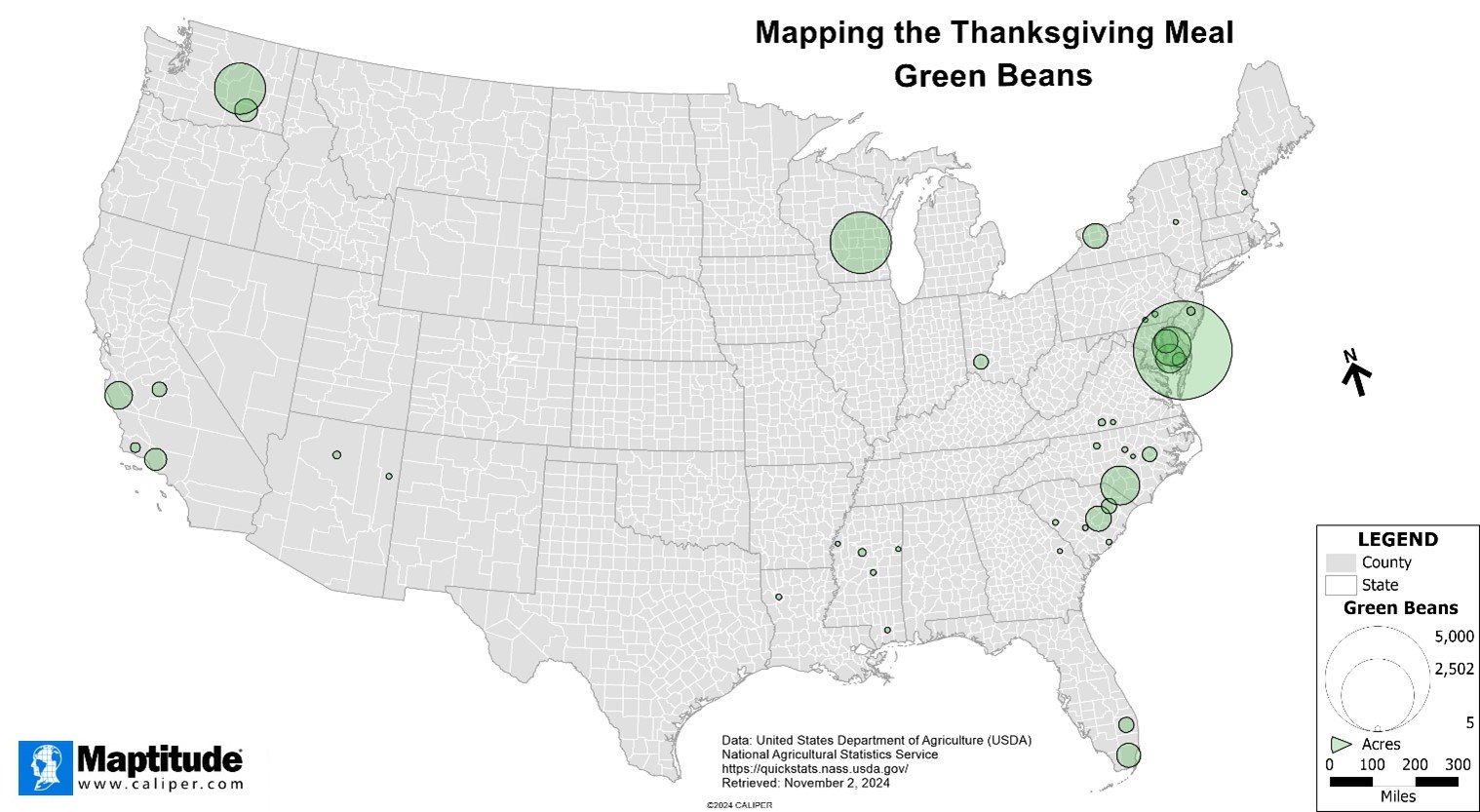 Maptitude mapping software map of where green beans are grown in the United States