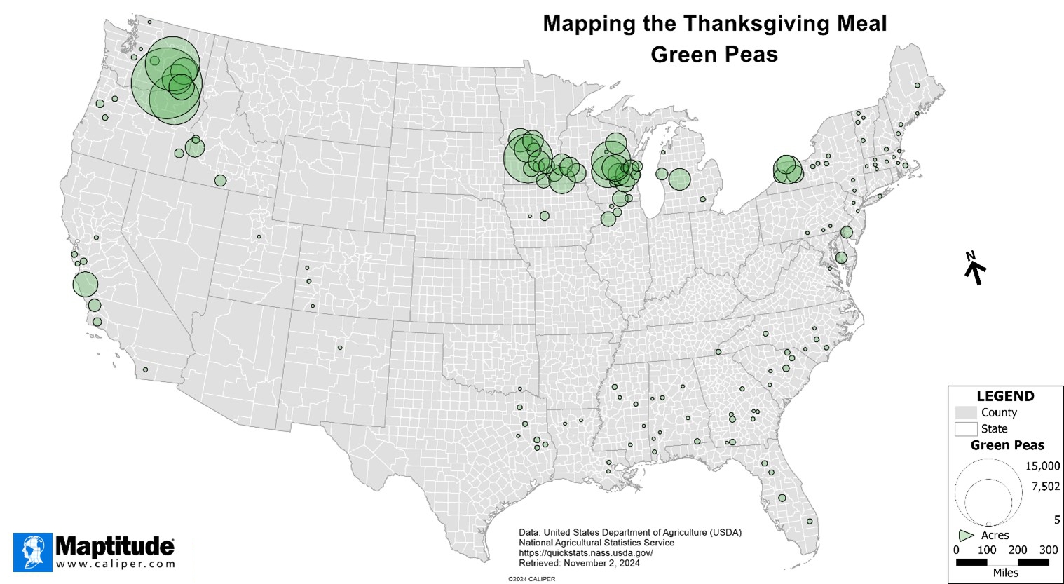 Maptitude mapping software map of where green peas are grown in the United States