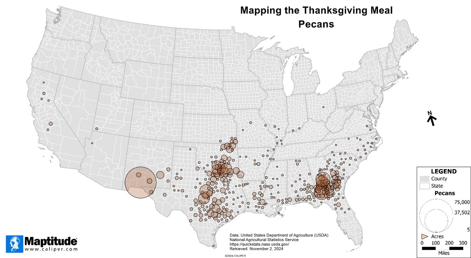 Maptitude mapping software map of where pecans are grown in the United States