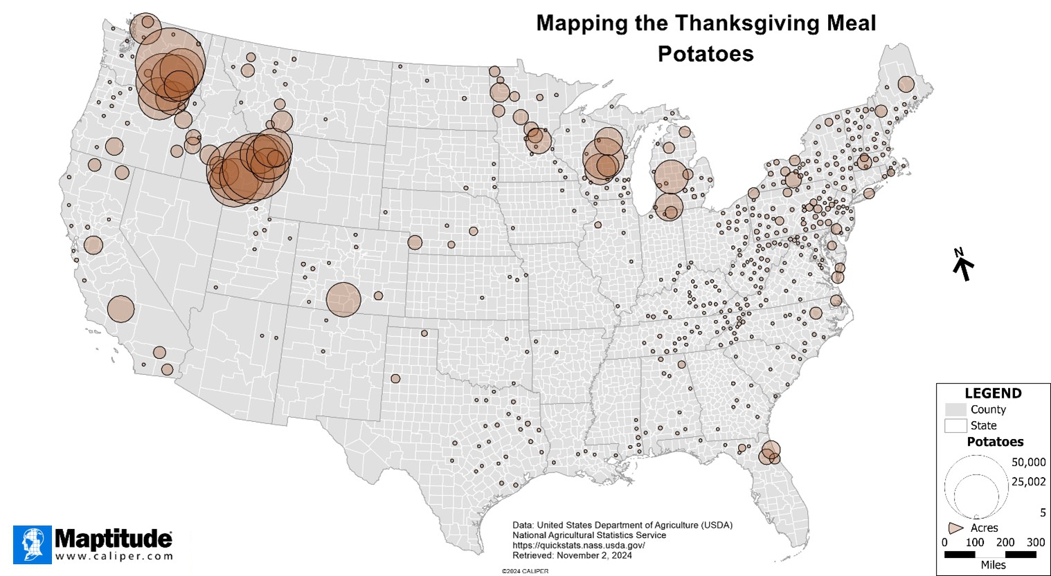 Maptitude mapping software map of where potatoes are grown in the United States