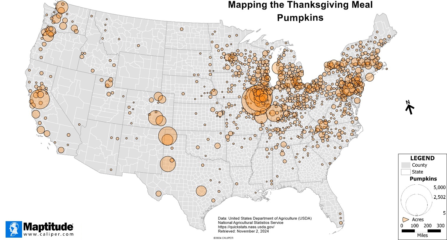 Maptitude mapping software map of where pumpkins are grown in the United States