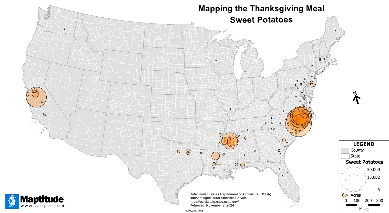 Maptitude mapping software map of where sweet potatoes are grown in the United States