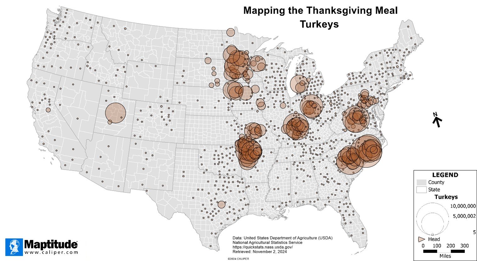 Maptitude mapping software map of where turkeys are raised in the United States