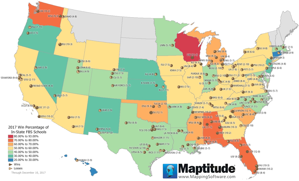 Maptitude Map: 2017 FBS Win Percentage by State