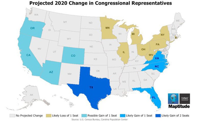 Maptitude map of projected change in congressional representatives