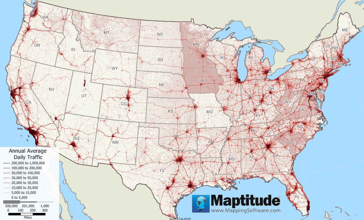 Maptitude map of U.S. annual average daily traffic