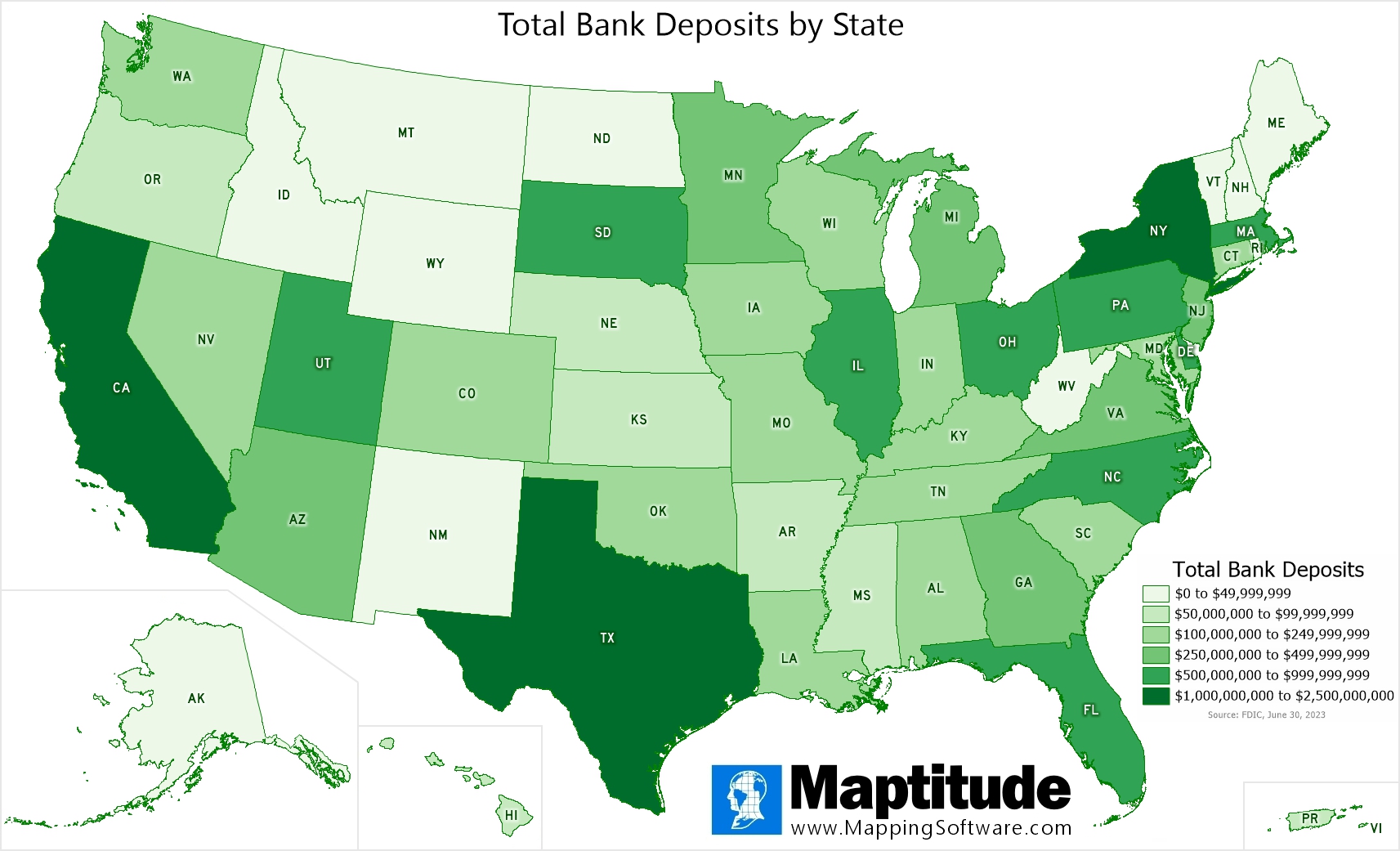 Maptitude mapping software infographic of total bank deposits by state