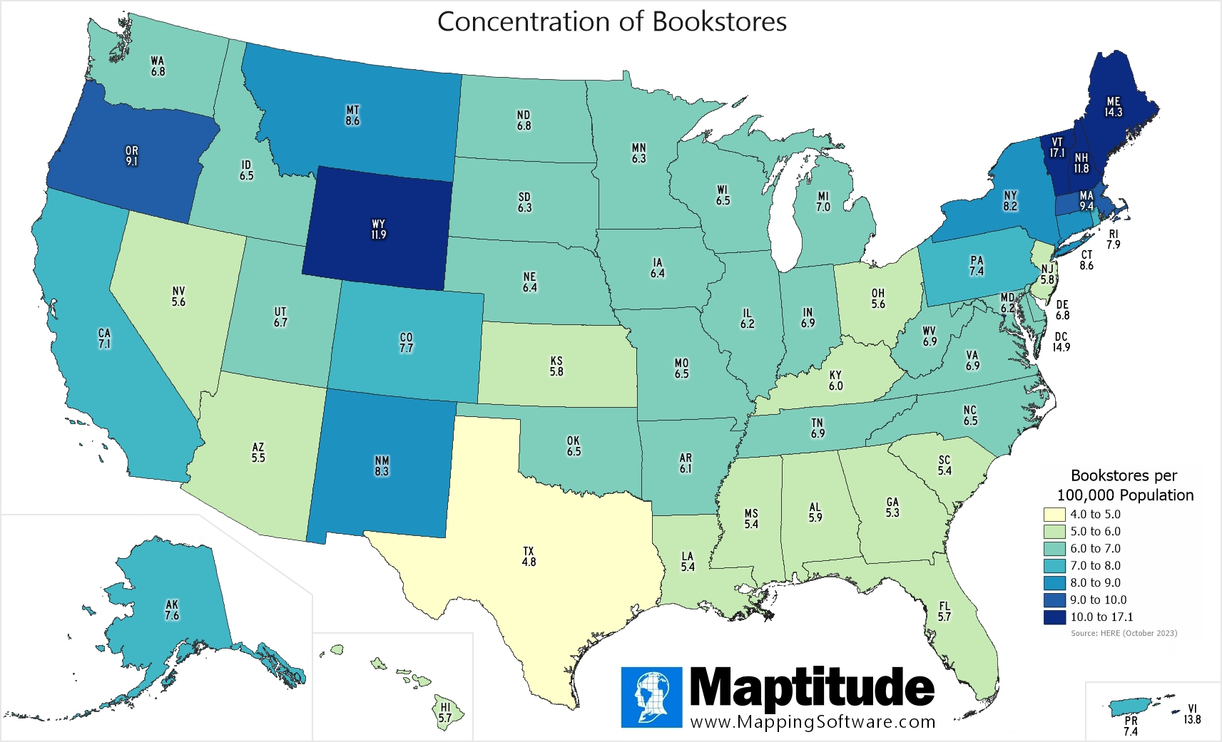 Maptitude mapping software infographic of bookstores by state for November 1 National Authors Day