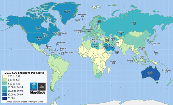 Maptitude map of per capita carbon dioxide emissions by country