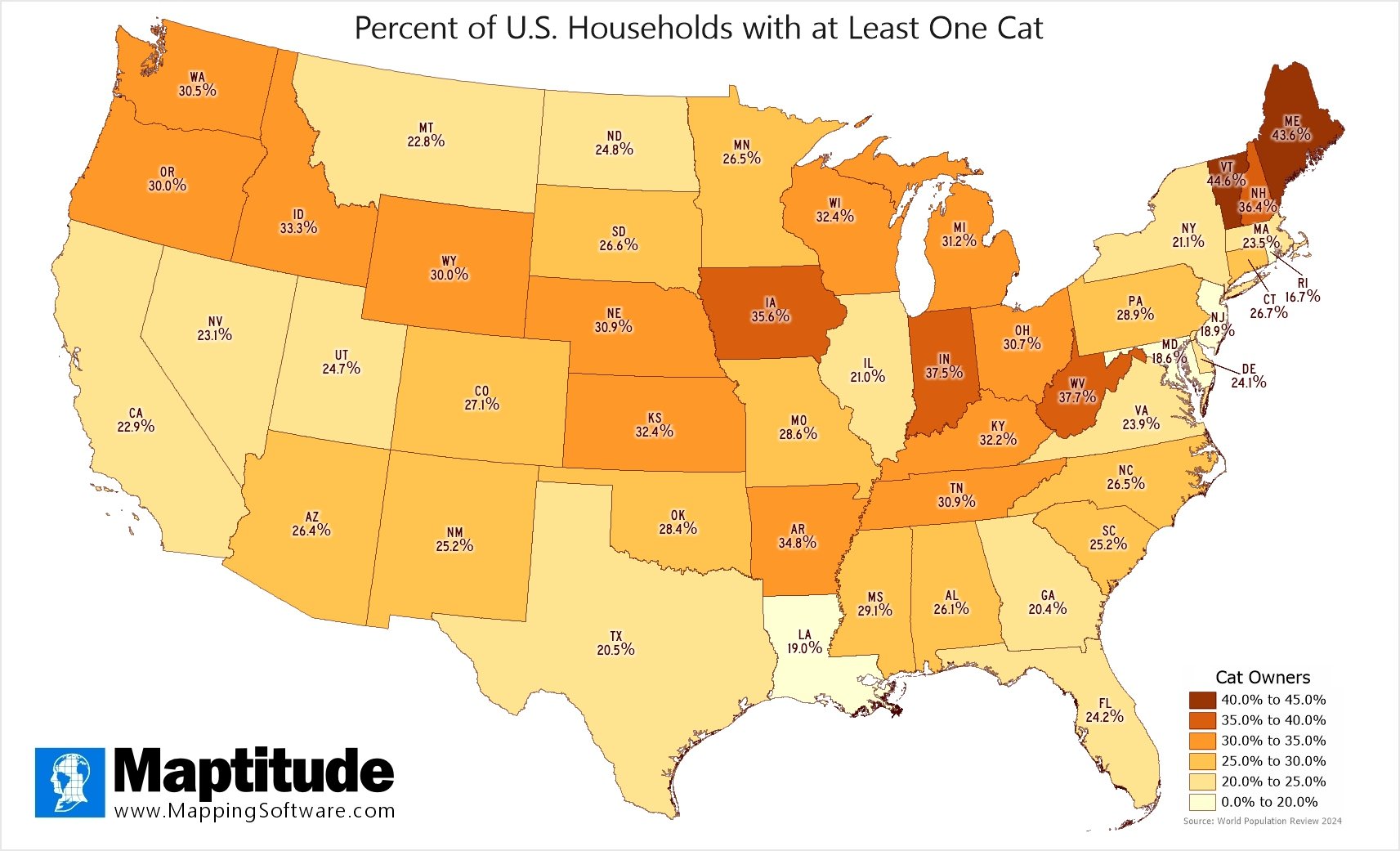 Maptitude mapping software infographic of percent of cat ownership by state for October 29 National Cat Day