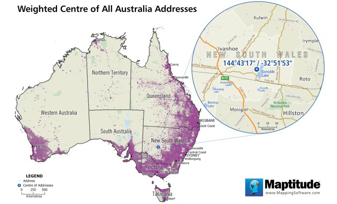 Maptitude map of the weighted centre of all Australia addresses