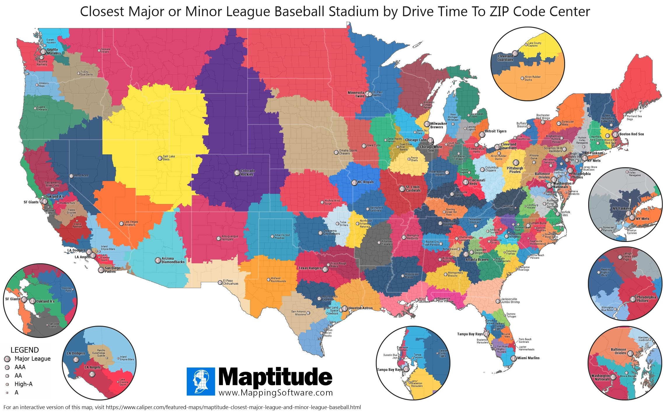 Maptitude map showing the closest baseball park to locations to USA ZIP Codes