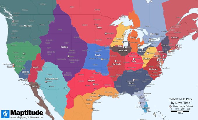 Maptitude map of the closest MLB baseball parks