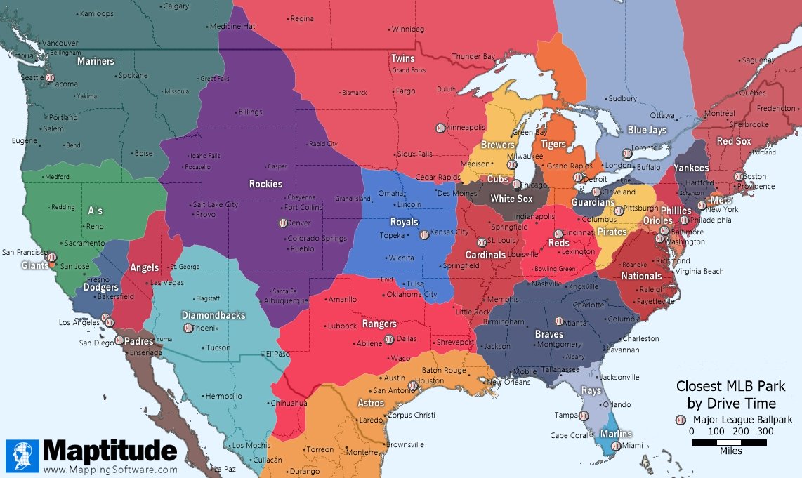 Maptitude map showing the closest major league baseball (MLB) ballpark to locations in the USA, Canada, and Mexico