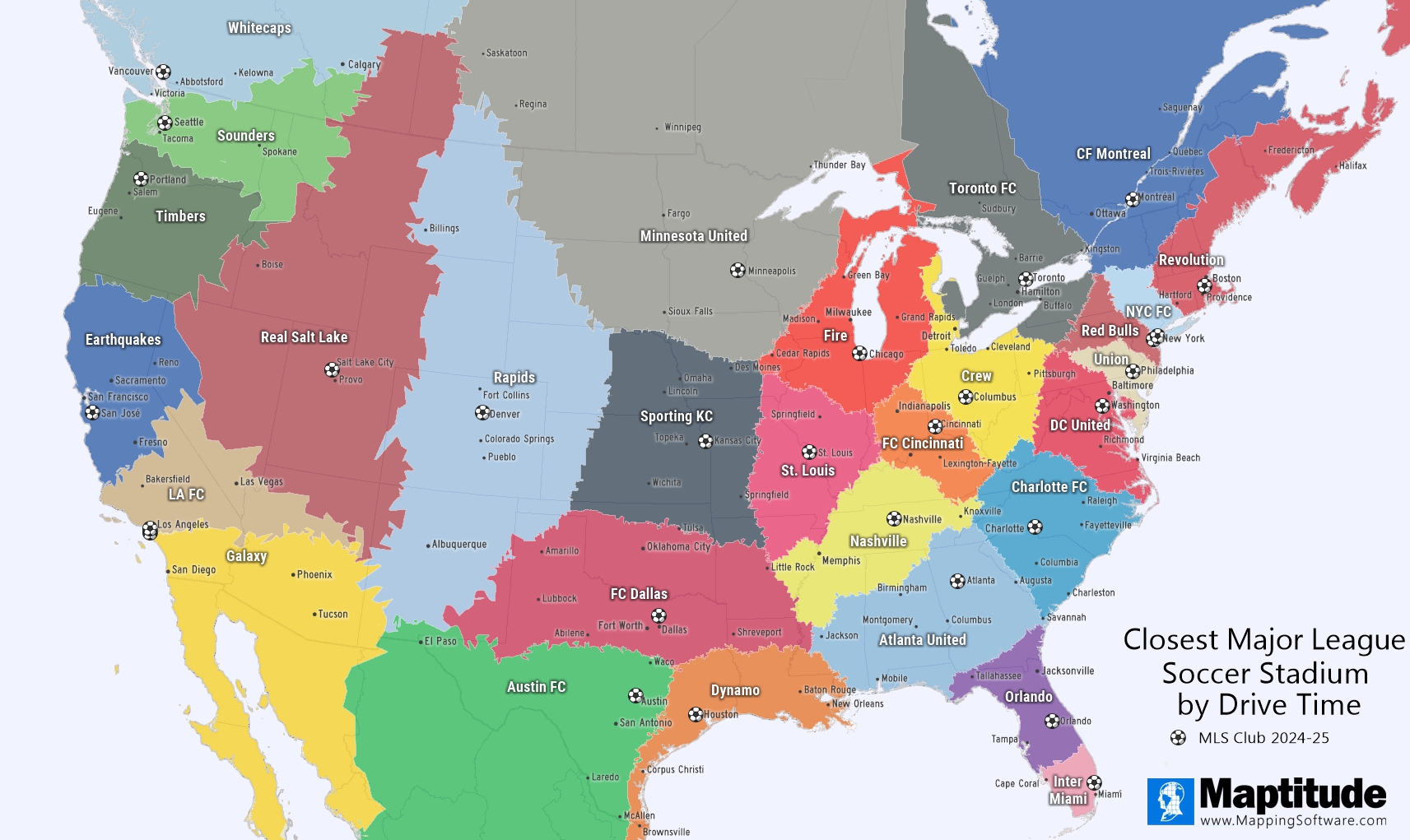 Maptitude mapping software infographic closest MLS soccer team by drive rime (2024)