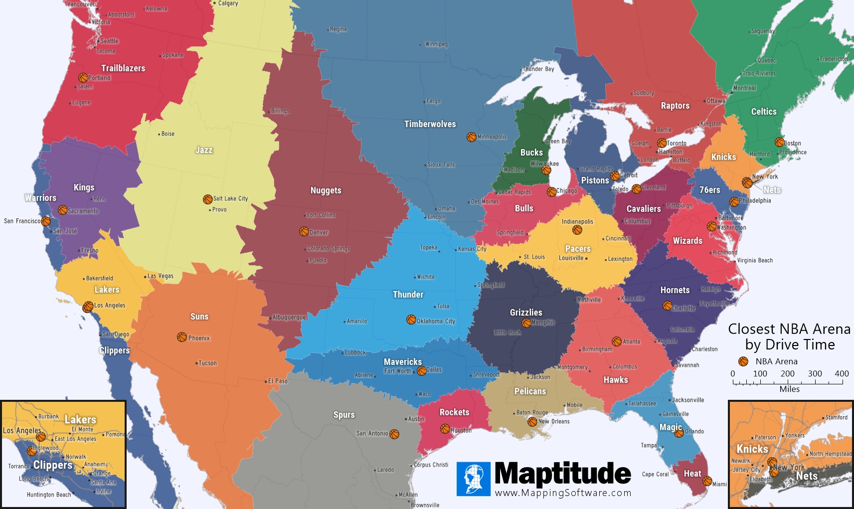 Maptitude map closest NBA arena by Drive Time