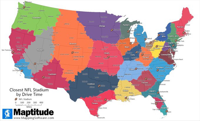 Maptitude map of closest NFL stadium