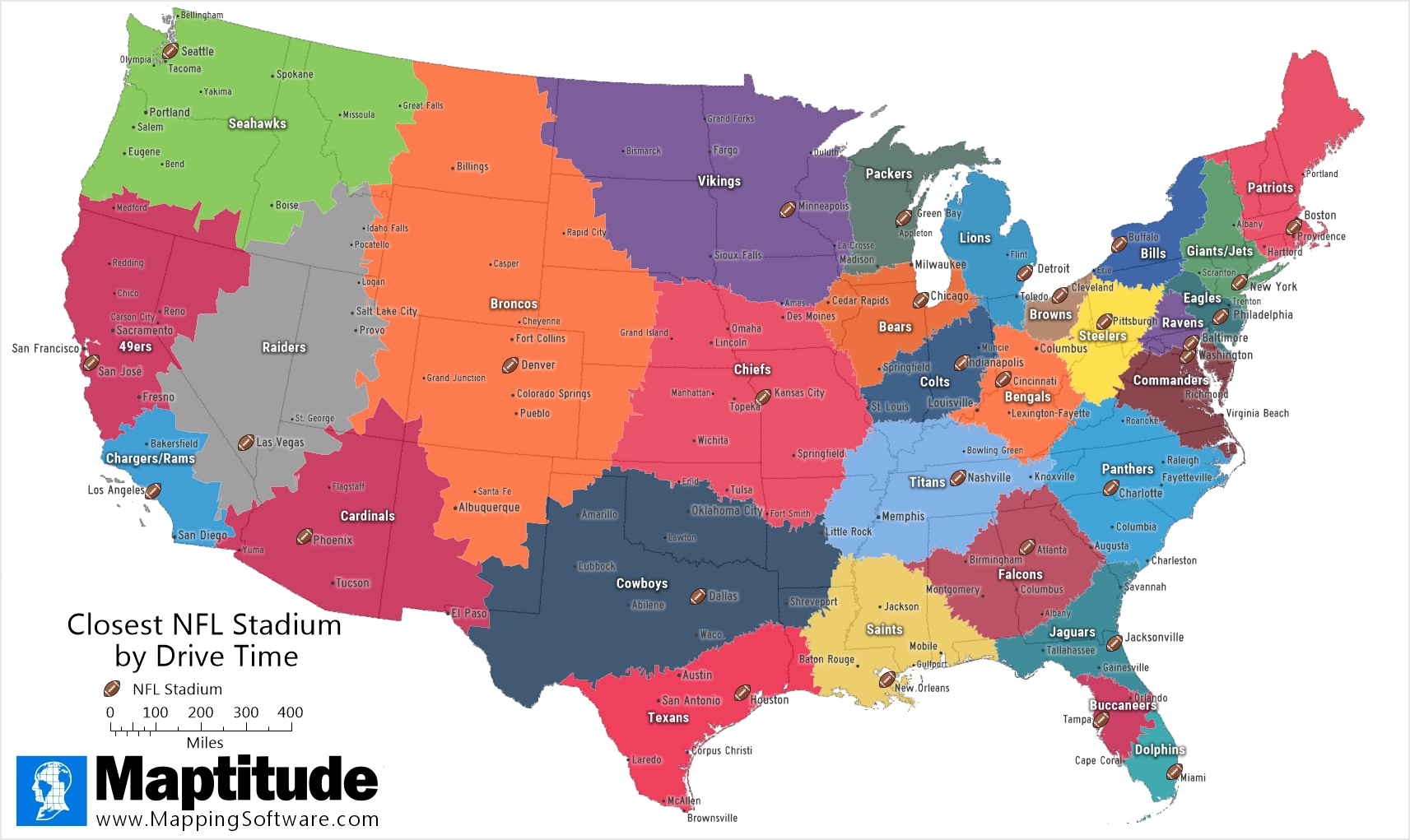 Maptitude mapping software infographic of closest NFL stadium