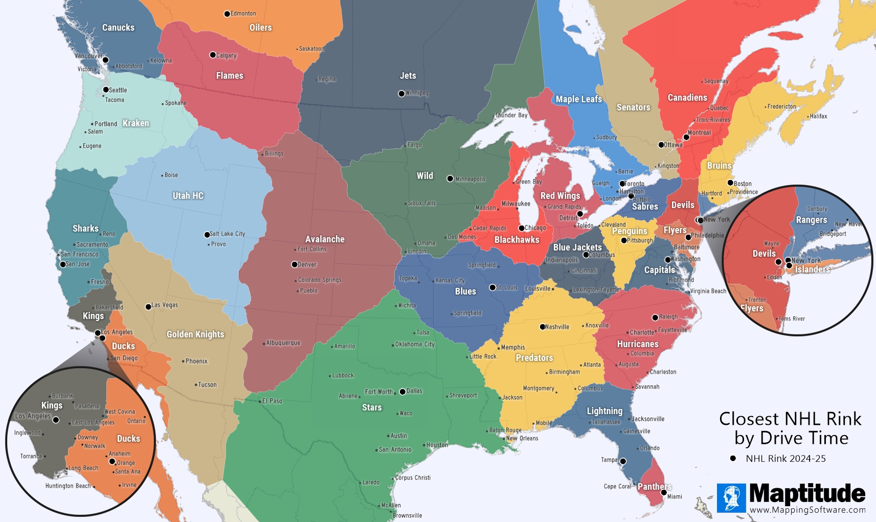 Maptitude mapping software infographic closest NHL team to by drive rime (2024-25)