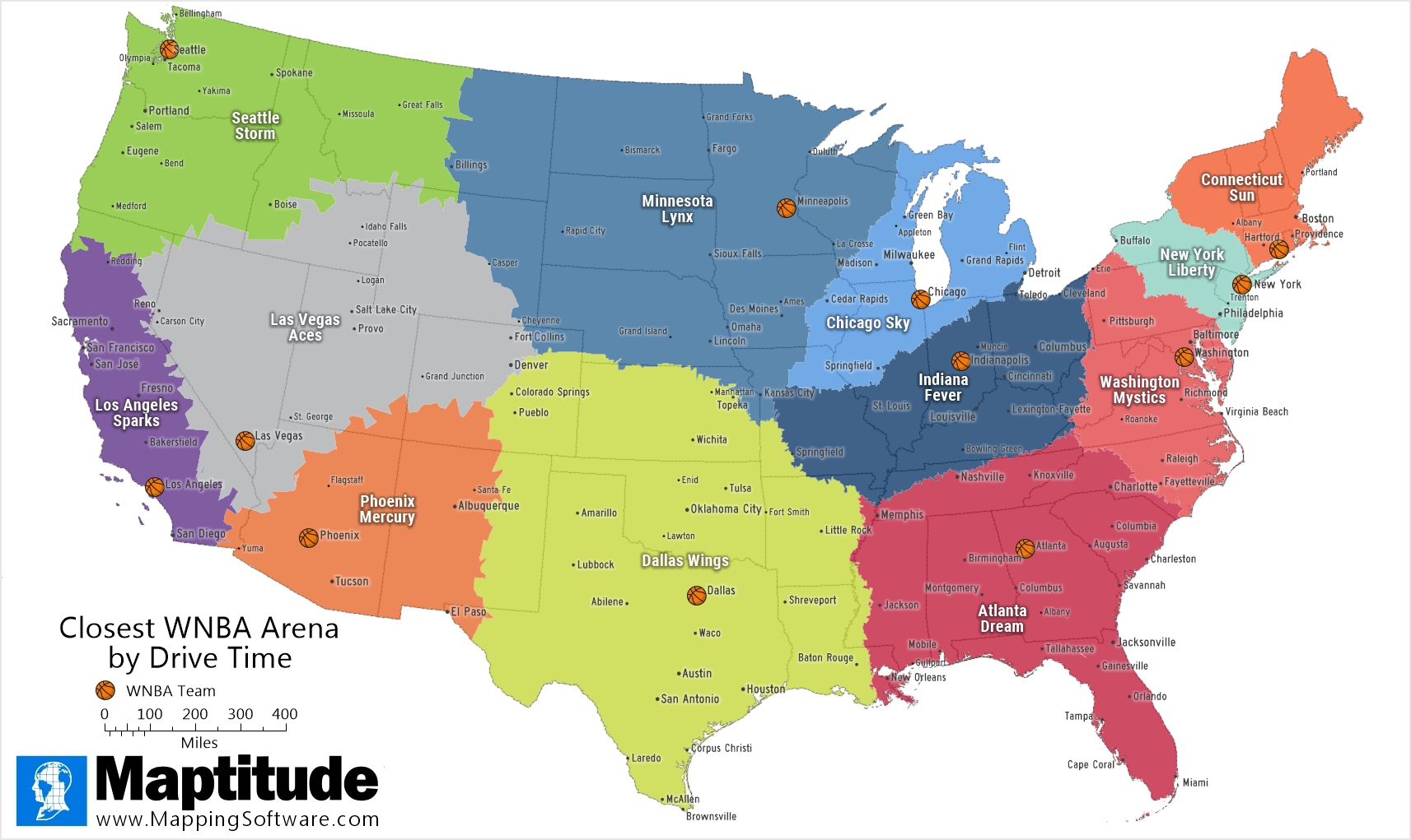 Maptitude mapping software infographic showing the closest WNBA Team by drive time 