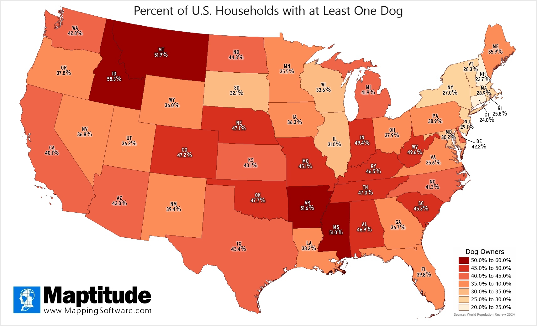 Maptitude mapping software infographic of percent of dog ownership by state for National Mutt Day