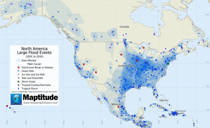 Maptitude map of North American flood events