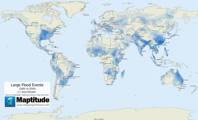 Maptitude map of world flood events