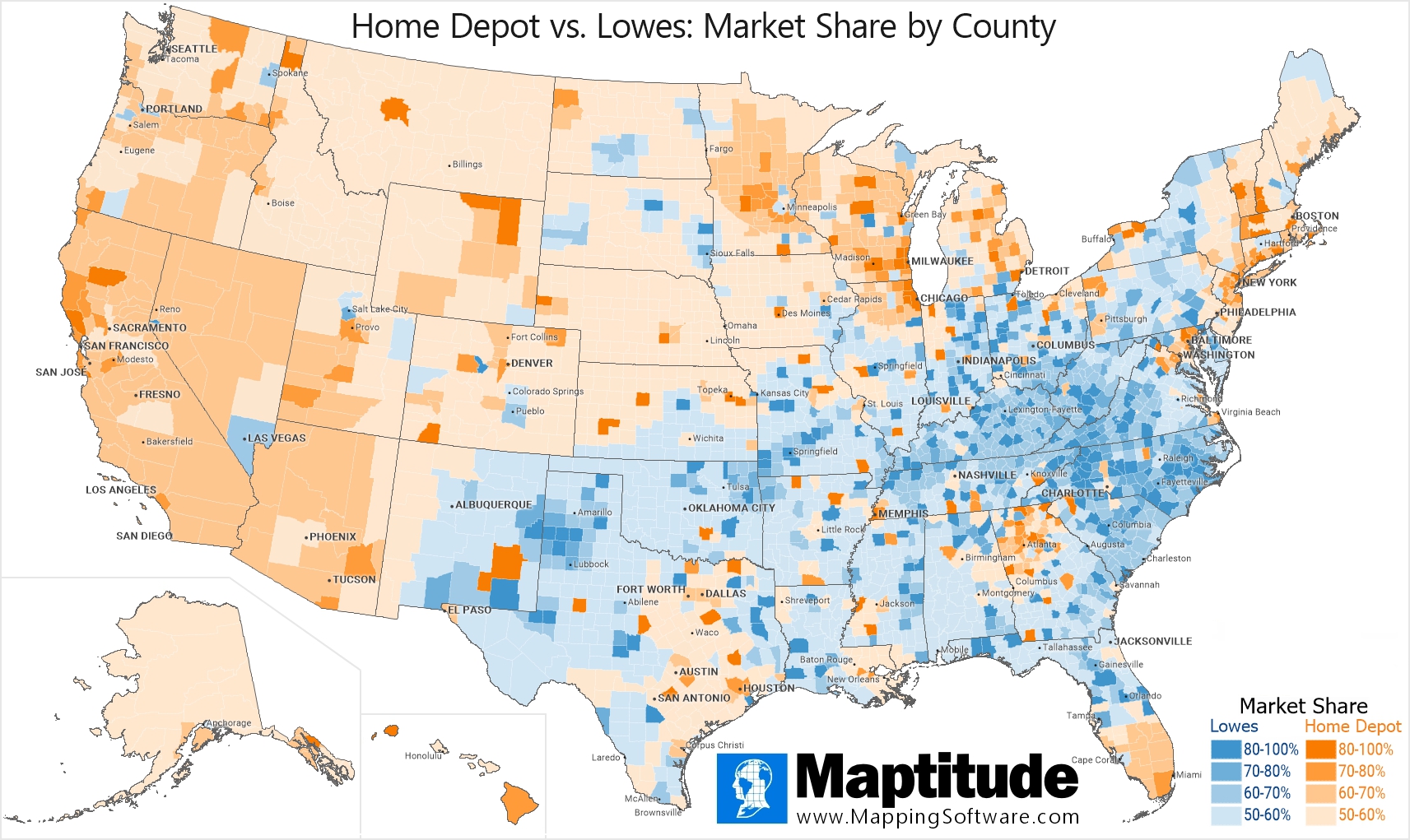 Maptitude mapping software infographic comparing the brand market share of Lowes vs. Home Depot by U.S. county