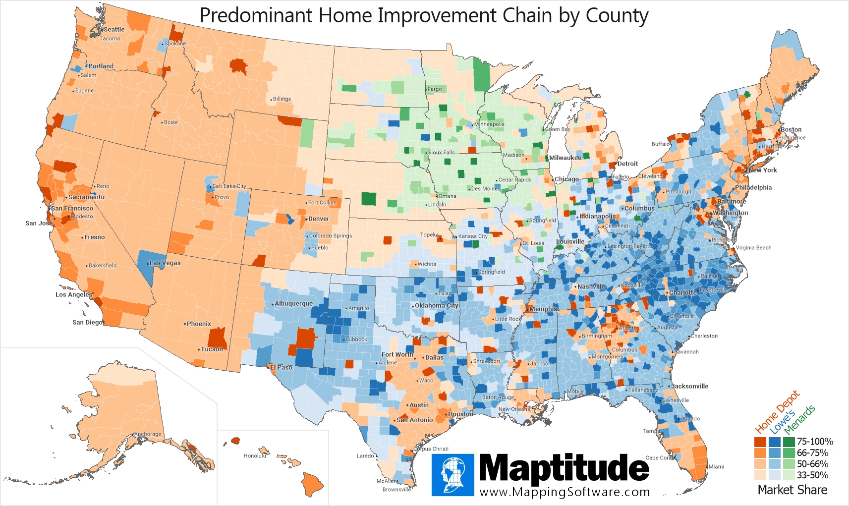Maptitude mapping software infographic comparing the brand market share of Home Depot, Lowe's, and Menards by U.S. county
