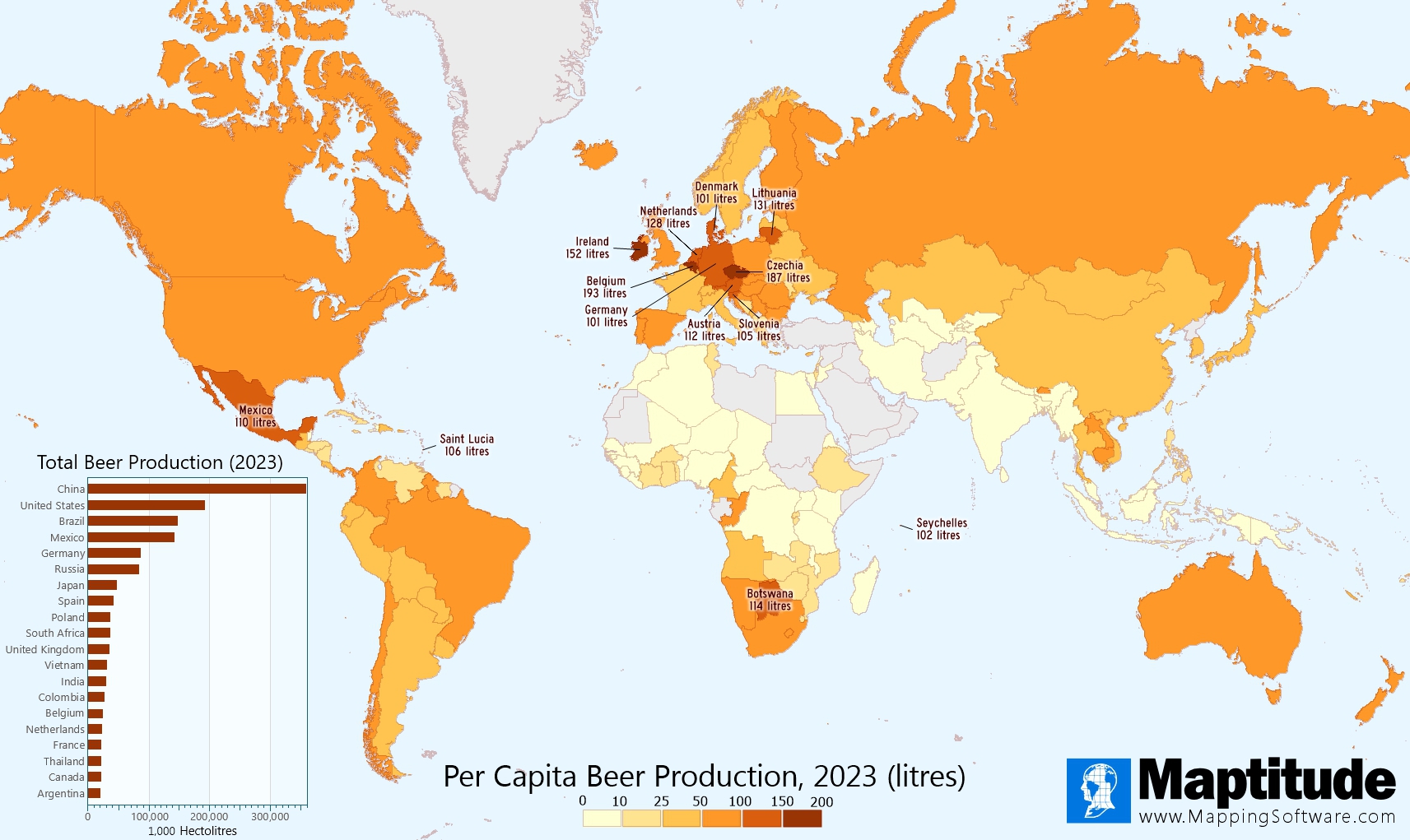 Maptitude mapping software infographic of beer production by country for International Beer Day