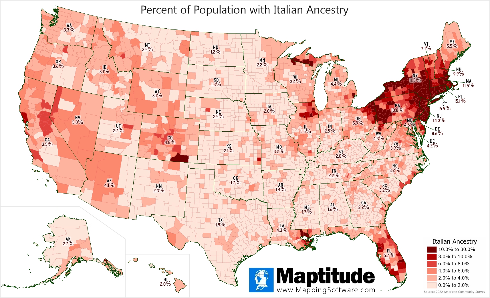 Maptitude mapping software infographic of Italian ancestry by county for Italian-American Heritage Month