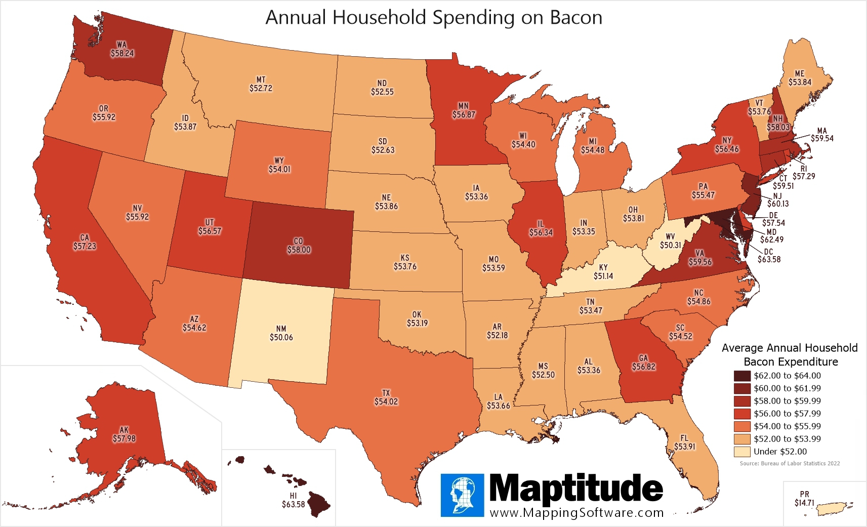 Maptitude mapping software infographic of household bacon spending by state for December 30 National Bacon Day