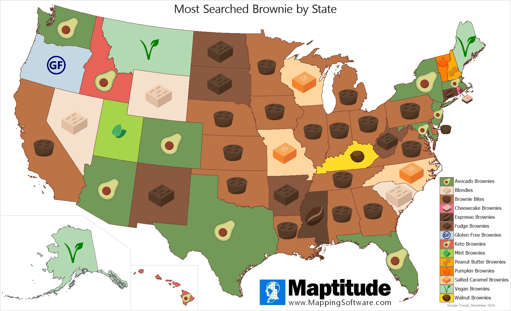 Maptitude mapping software infographic of most searched brownie by state for December 8 National Brownie Day