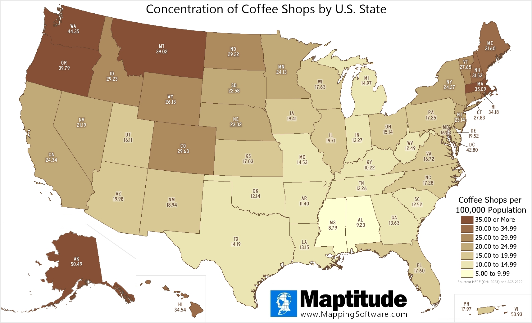 Maptitude mapping software infographic of coffee shops by state for September 29 National Coffee Day