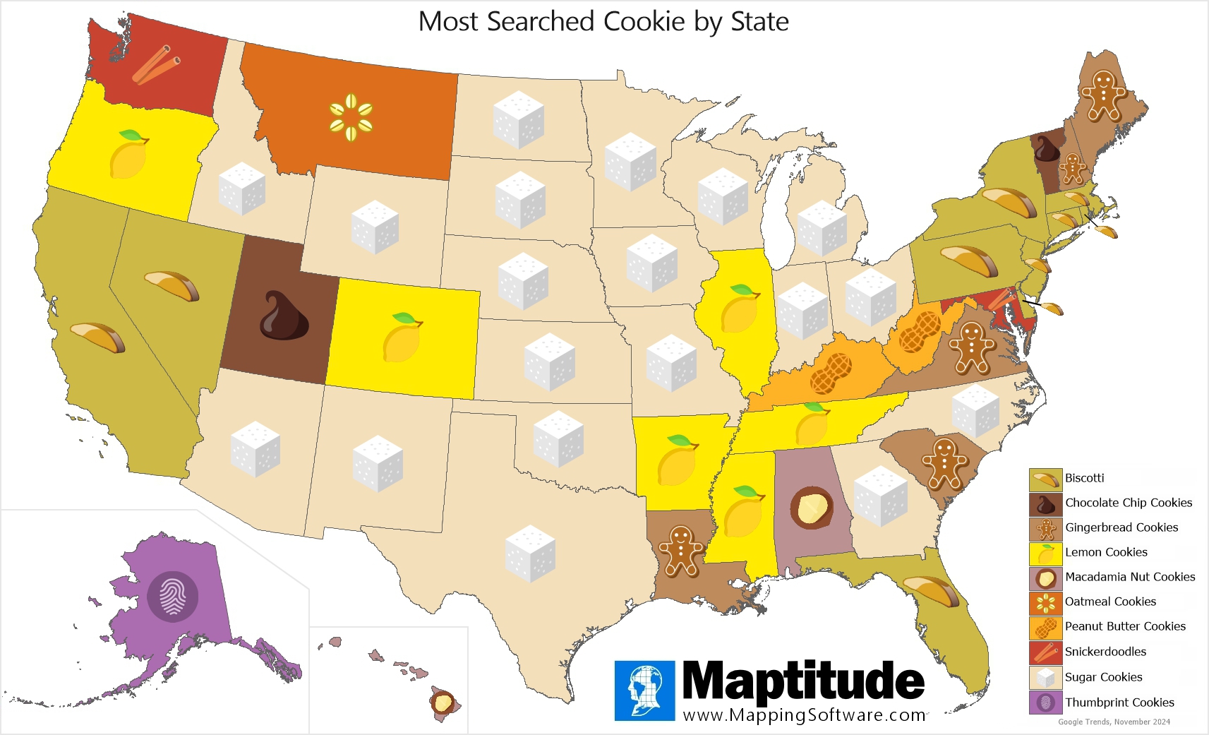 Maptitude mapping software infographic of most searched cookie by state for December 4 National Cookie Day