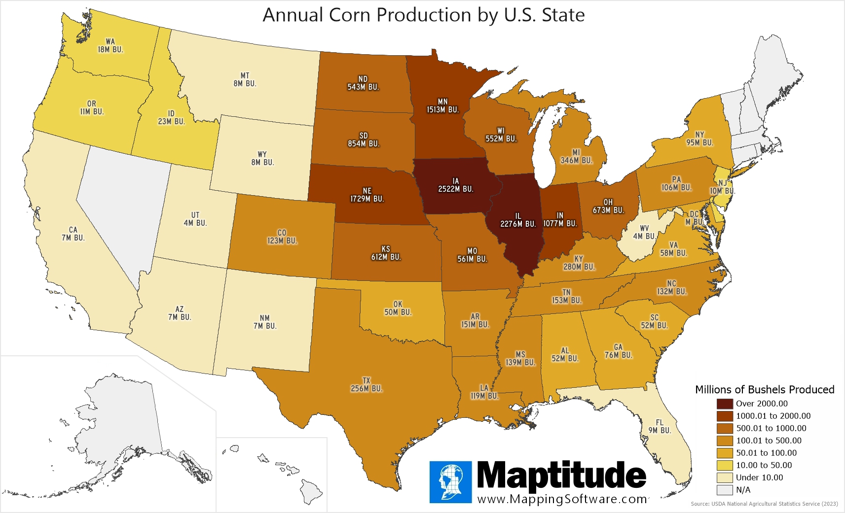 Maptitude mapping software infographic of corn production by state for National Corn on the Cob Day