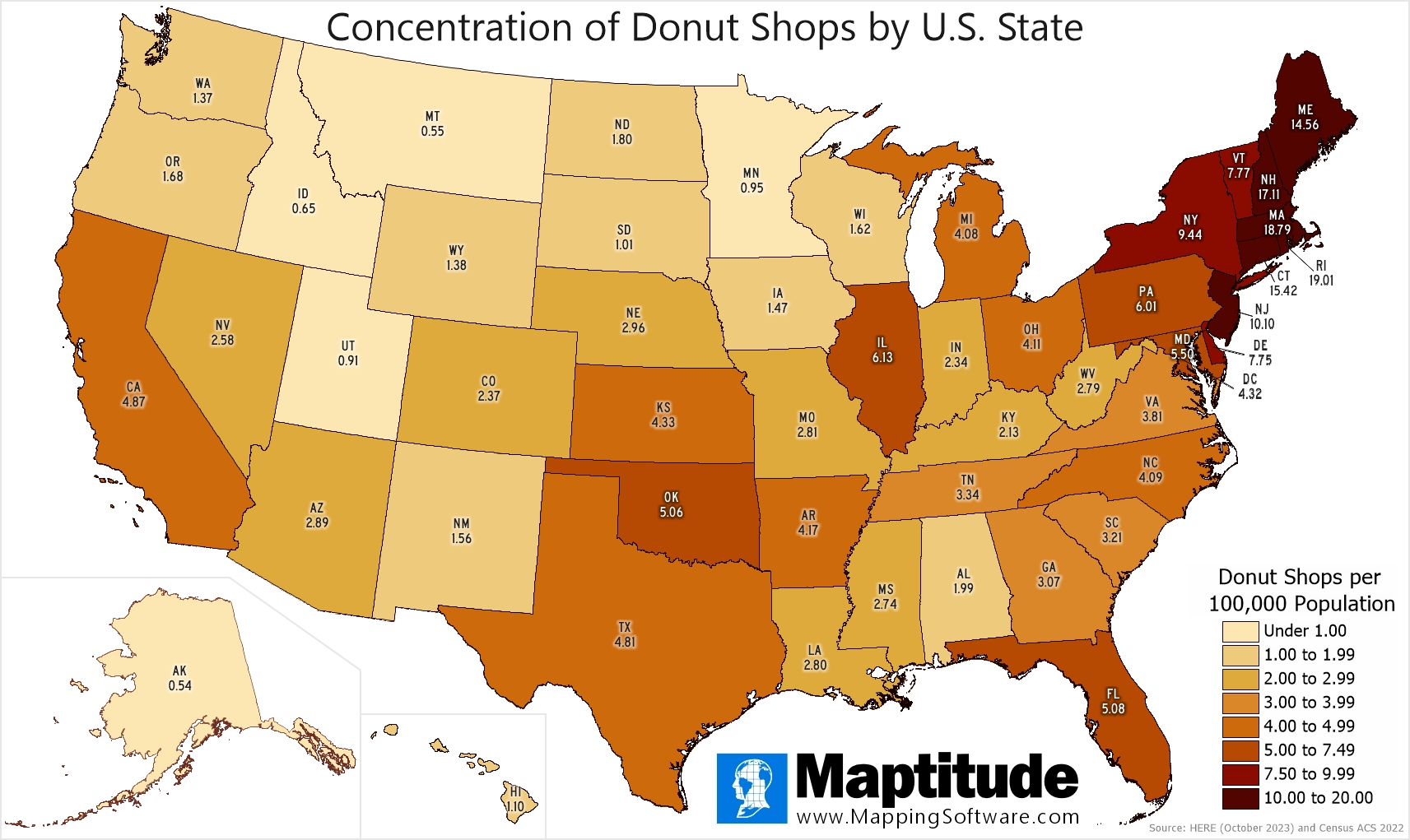 Maptitude mapping software infographic of donut stores by state for June 7  National Donut Day