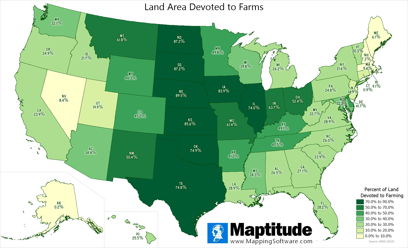 Maptitude mapping software infographic of percent of farm land by state for October 12 National Farmers Day