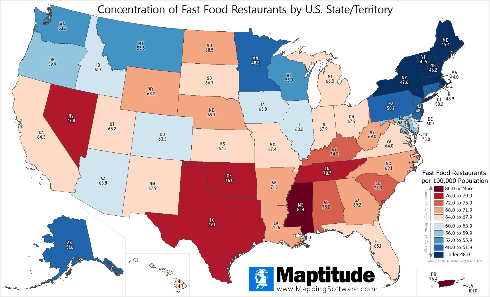 Maptitude mapping software infographic of fast food restaurants by state for November 16 National Fast Food Day